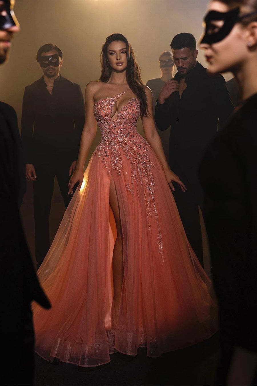 Sexy Long A-line Pink Sleeveless One-Shoulder Tulle Prom Dresses With Rhinestone-BMbridal.com