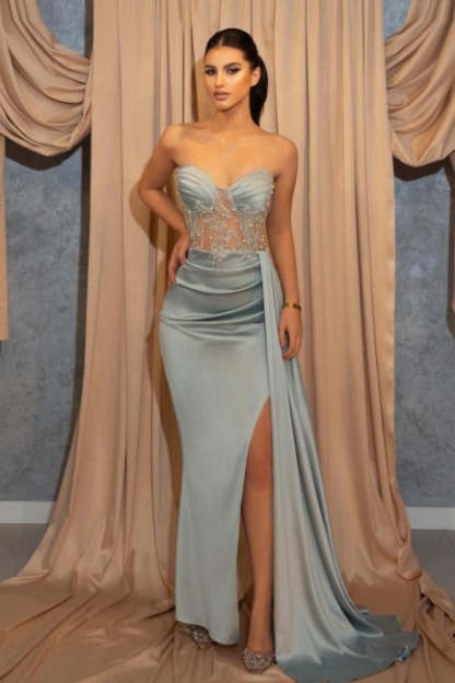 Sexy Long Blue Slit Glitter Mermaid Prom Dresses with Ruffles-BMbridal.com