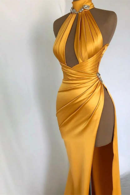 Sexy Long Mermaid High Neck Sleeveless Prom Dress With Slit-BMbridal.com