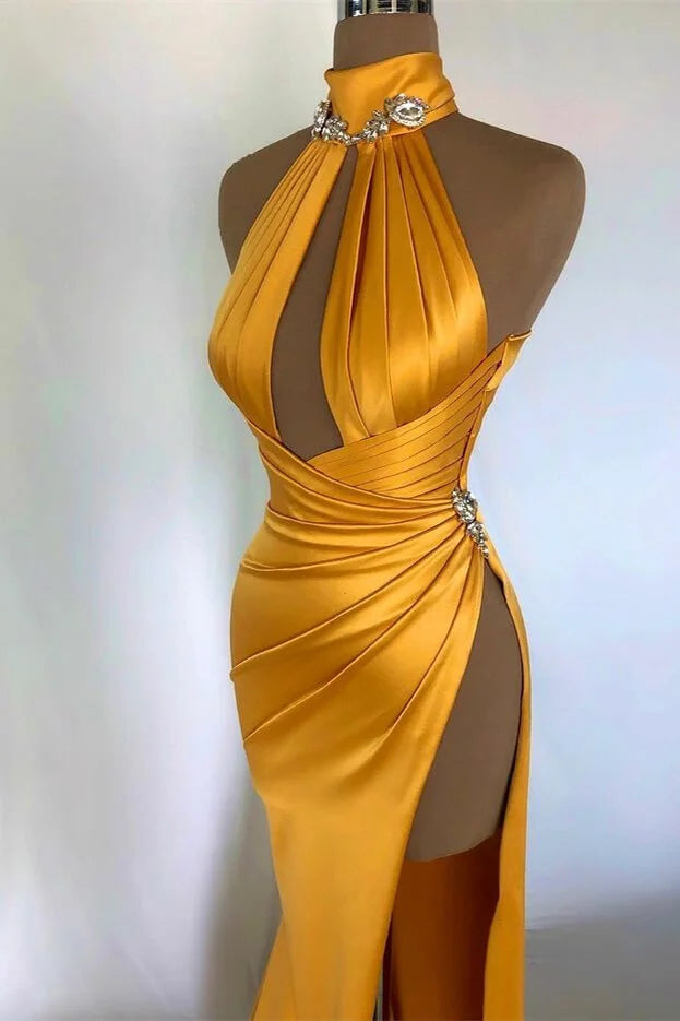 Sexy Long Mermaid High Neck Sleeveless Prom Dress With Slit-BMbridal.com