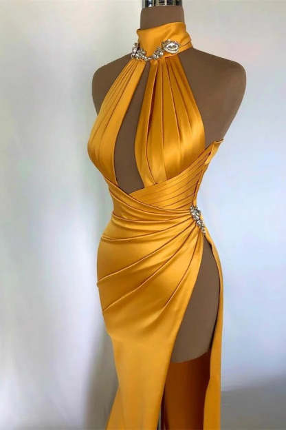 Sexy Long Mermaid High Neck Sleeveless Prom Dress With Slit-BMbridal.com