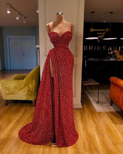 Sexy Long Mermaid Spaghetti Straps Sequins Prom Dress With Slit-BMbridal.com