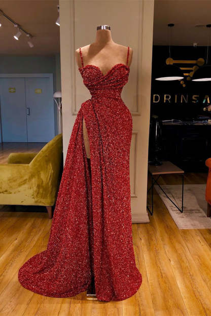 Sexy Long Mermaid Spaghetti Straps Sequins Prom Dress With Slit-BMbridal.com