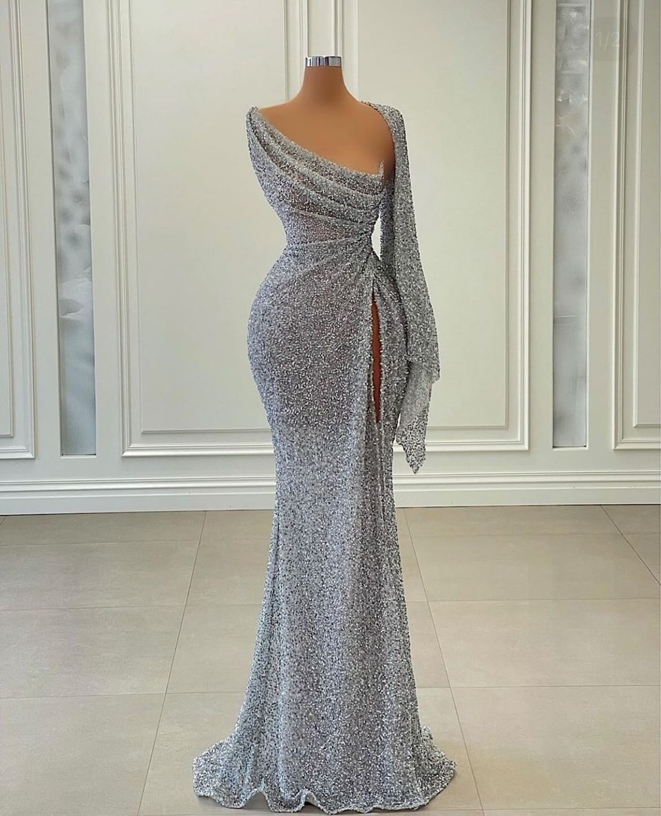Sexy Long One Shoulder Sequins Slit Prom Dress Mermaid-BMbridal.com