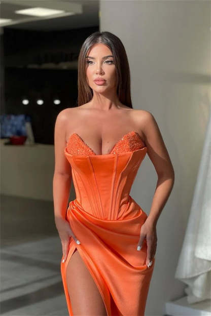Sexy Long Orange V-neck Sequined Sleeveless Prom Dress With Slit-BMbridal.com
