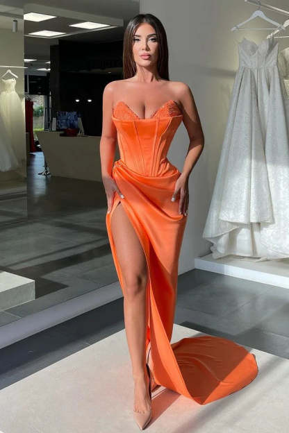 Sexy Long Orange V-neck Sequined Sleeveless Prom Dress With Slit-BMbridal.com