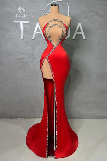 Sexy Long Red Mermaid Beading Sleeveless Prom Dress With Slit-BMbridal.com