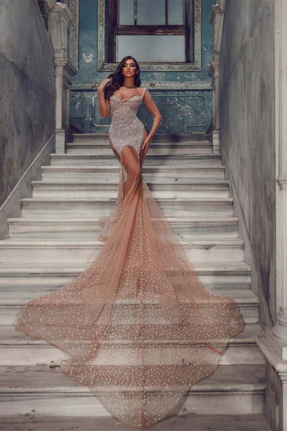 Sexy Long Tulle Mermaid Sequined Long Sleeves Prom Dress With Train-BMbridal.com