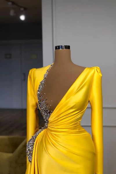 Sexy Long Yellow V-neck Sequined Split Prom Dress With Long Sleeves-BMbridal.com
