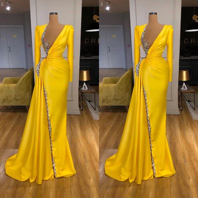 Sexy Long Yellow V-neck Sequined Split Prom Dress With Long Sleeves-BMbridal.com
