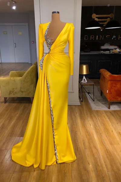 Sexy Long Yellow V-neck Sequined Split Prom Dress With Long Sleeves-BMbridal.com