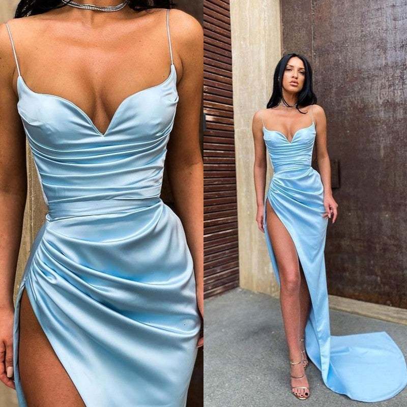 Sexy Mermaid Sweetheart Sky Blue Satin Long Prom Evening Dresses with High Split-BMbridal.com