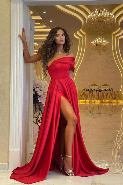 Sexy Off Shoulder Red Satin Evening Dress with Side Split Floor Length Party Dress-BMbridal.com