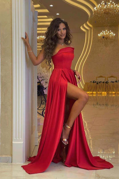 Sexy Off Shoulder Red Satin Evening Dress with Side Split Floor Length Party Dress-BMbridal.com