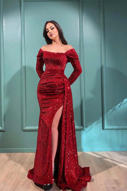 Sexy Off The Shoulder Front-Split Prom Dresses With Long Sleeves-BMbridal.com