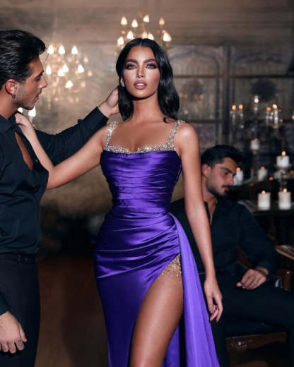 Sexy Purple Long Glitter Sleeveless Slit Mermaid Prom Dresses-BMbridal.com