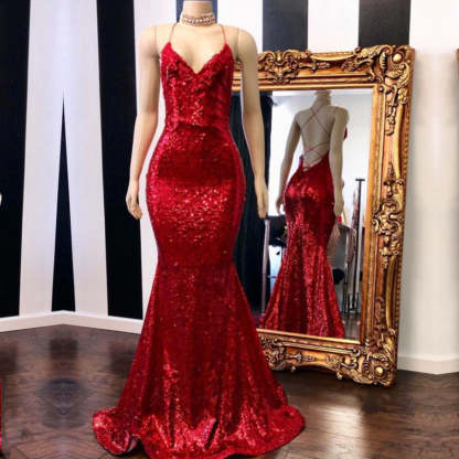 Sexy Red Sequins Spaghetti Straps Mermaid Evening Gowns-BMbridal.com