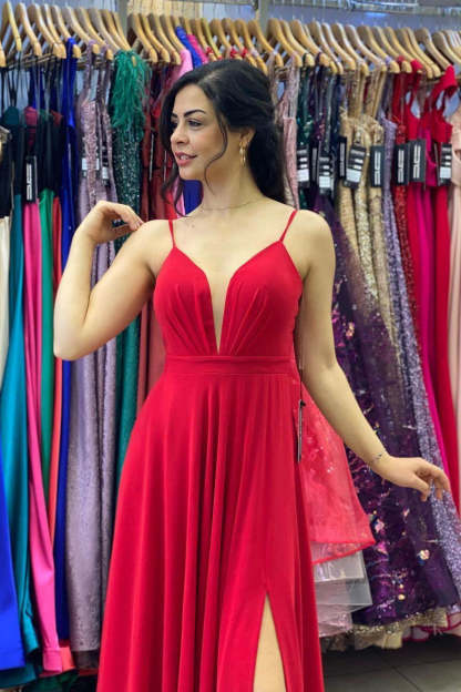 Sexy Red V-Neck Side Split Prom Dress Spaghetti Straps-BMbridal.com