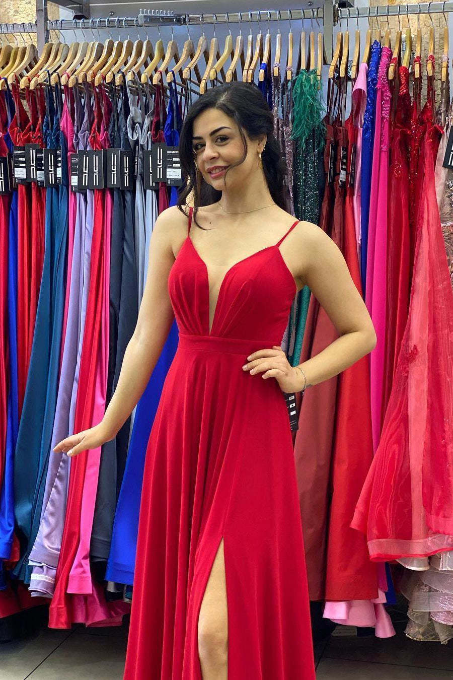Sexy Red V-Neck Side Split Prom Dress Spaghetti Straps-BMbridal.com