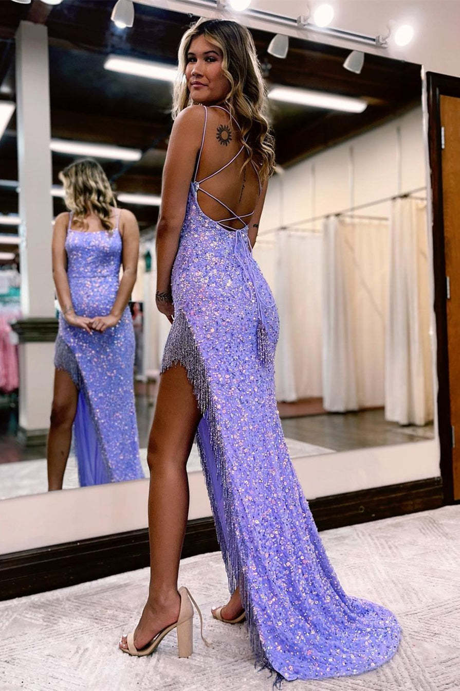 Sexy Spaghetti Straps Mermaid Sleeveless Sequined Prom Dress With Slit-BMbridal.com