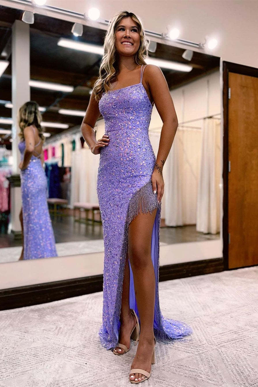 Sexy Spaghetti Straps Mermaid Sleeveless Sequined Prom Dress With Slit-BMbridal.com