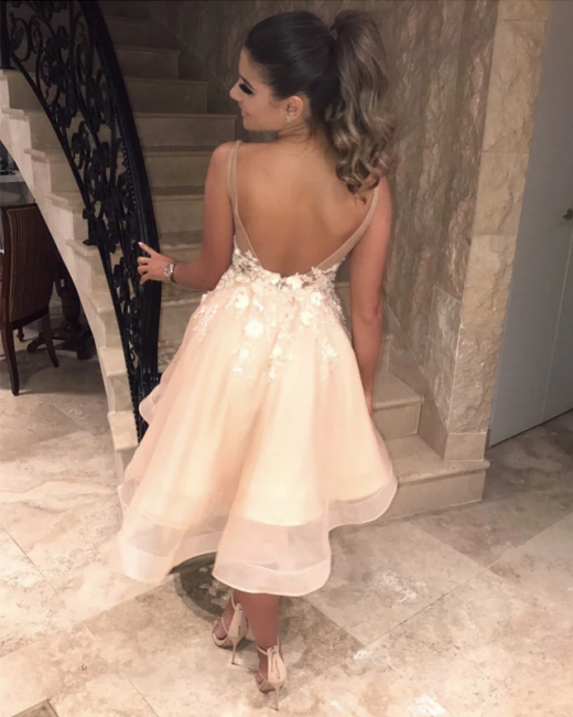 Sexy Spaghetti Straps V Neck Homecoming Dress | Chic Appliques Flowers Short Homecoming Dress-BMbridal