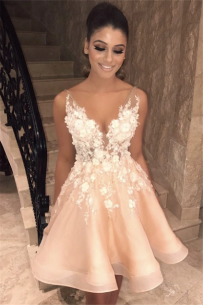 Sexy Spaghetti Straps V Neck Homecoming Dress | Chic Appliques Flowers Short Homecoming Dress-BMbridal