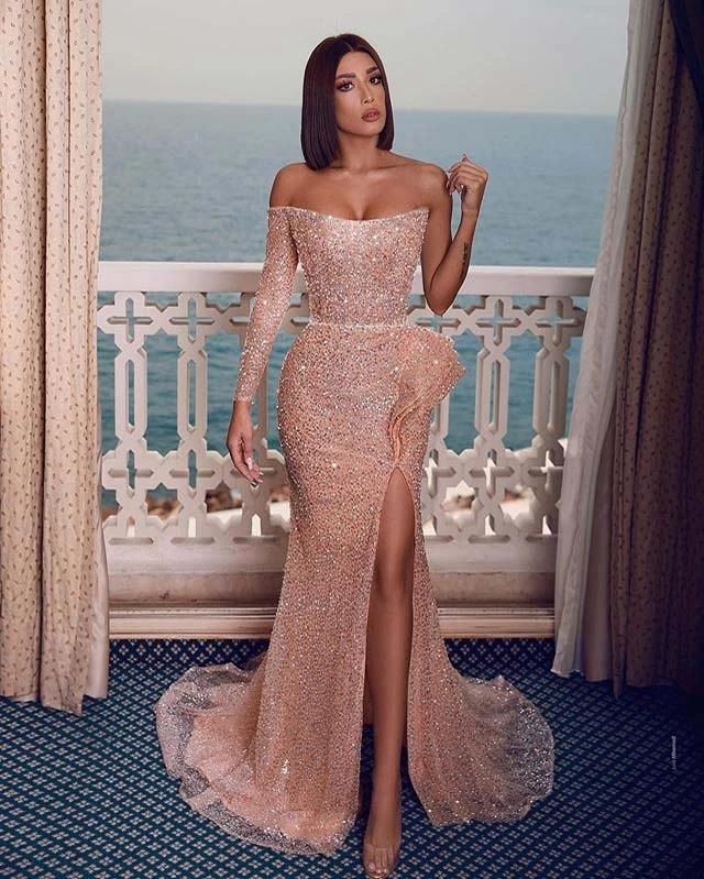 Sexy Sparkly Champagne Rose One-shoulder Side-slit Mermaid Long Prom Dresses-BMbridal.com
