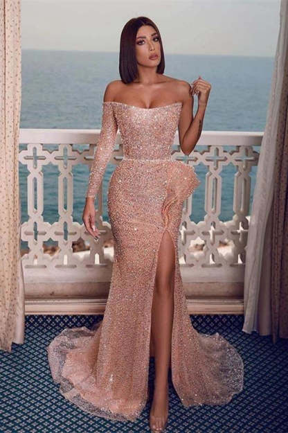Sexy Sparkly Champagne Rose One-shoulder Side-slit Mermaid Long Prom Dresses-BMbridal.com