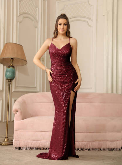Sexy V-Neck Glitter Sequin Floor Length Dress with Slit-BMbridal