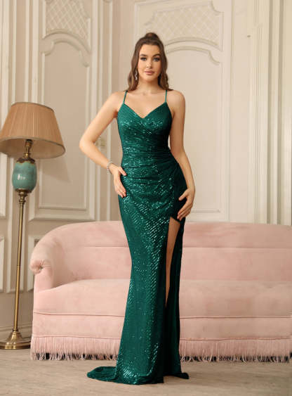 Sexy V-Neck Glitter Sequin Floor Length Dress with Slit-BMbridal