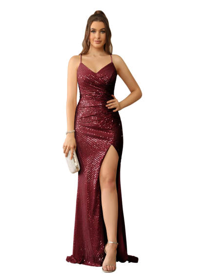 Sexy V-Neck Glitter Sequin Floor Length Dress with Slit-BMbridal