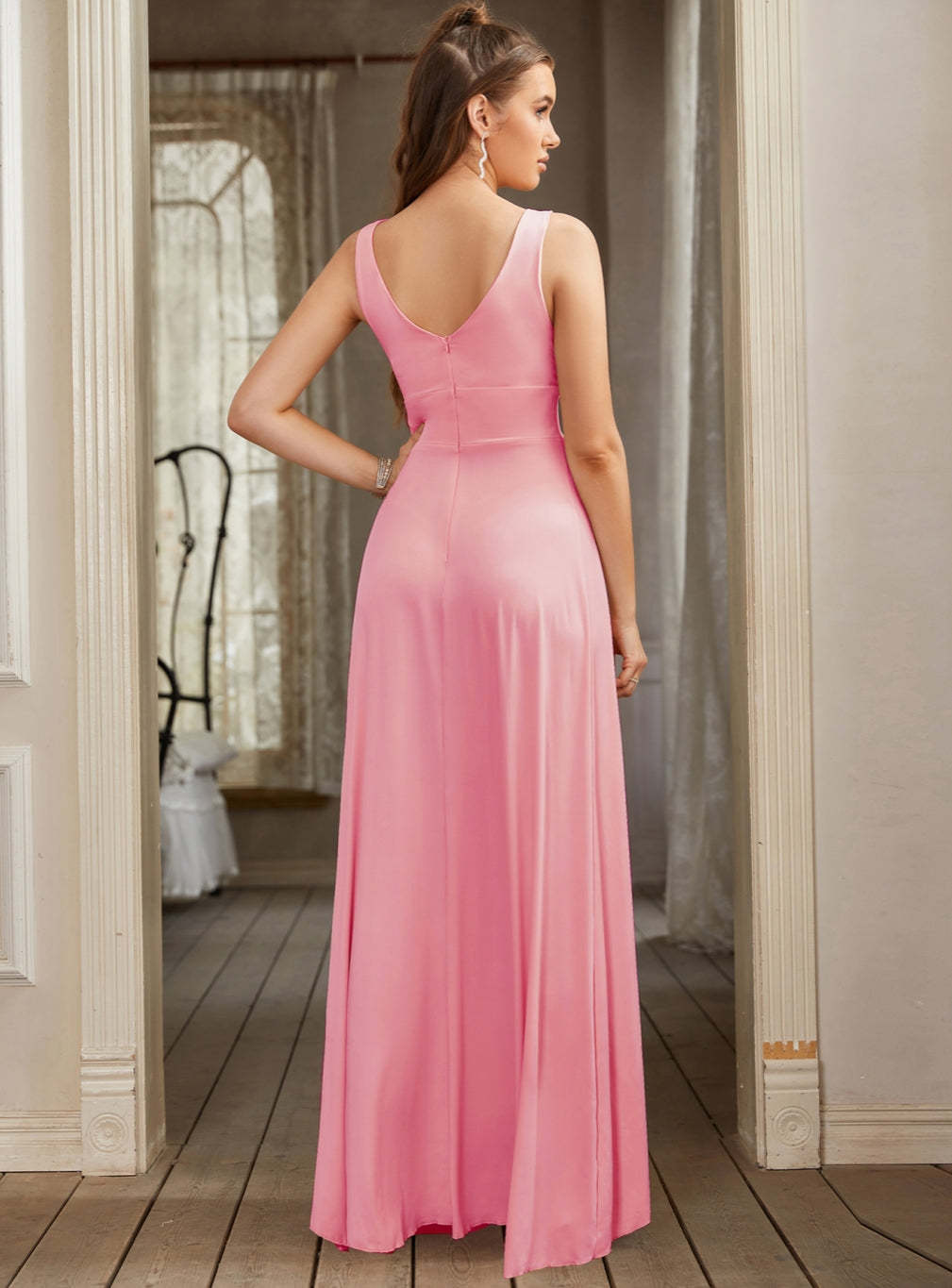 Sexy V-Neck Sleeveless Floor Length Dress with Slit-BMbridal