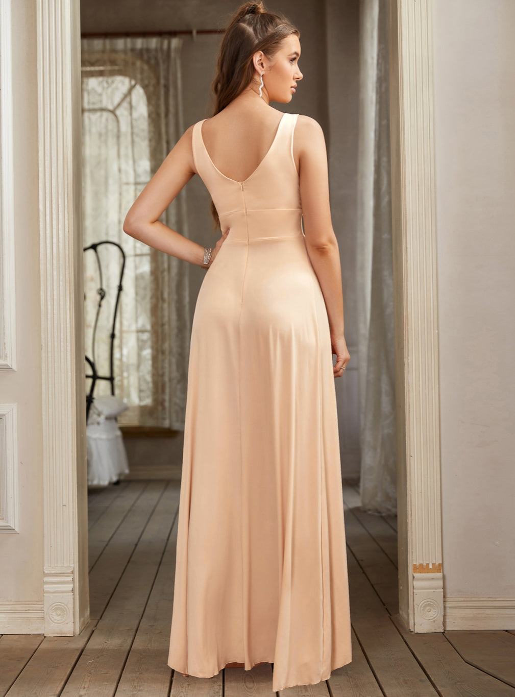 Sexy V-Neck Sleeveless Floor Length Dress with Slit-BMbridal