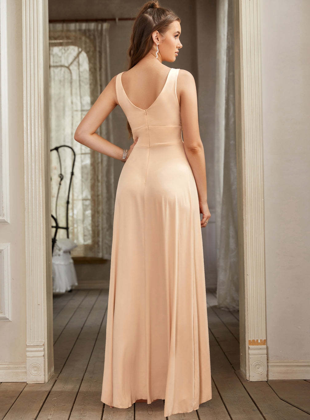 Sexy V-Neck Sleeveless Floor Length Dress with Slit-BMbridal