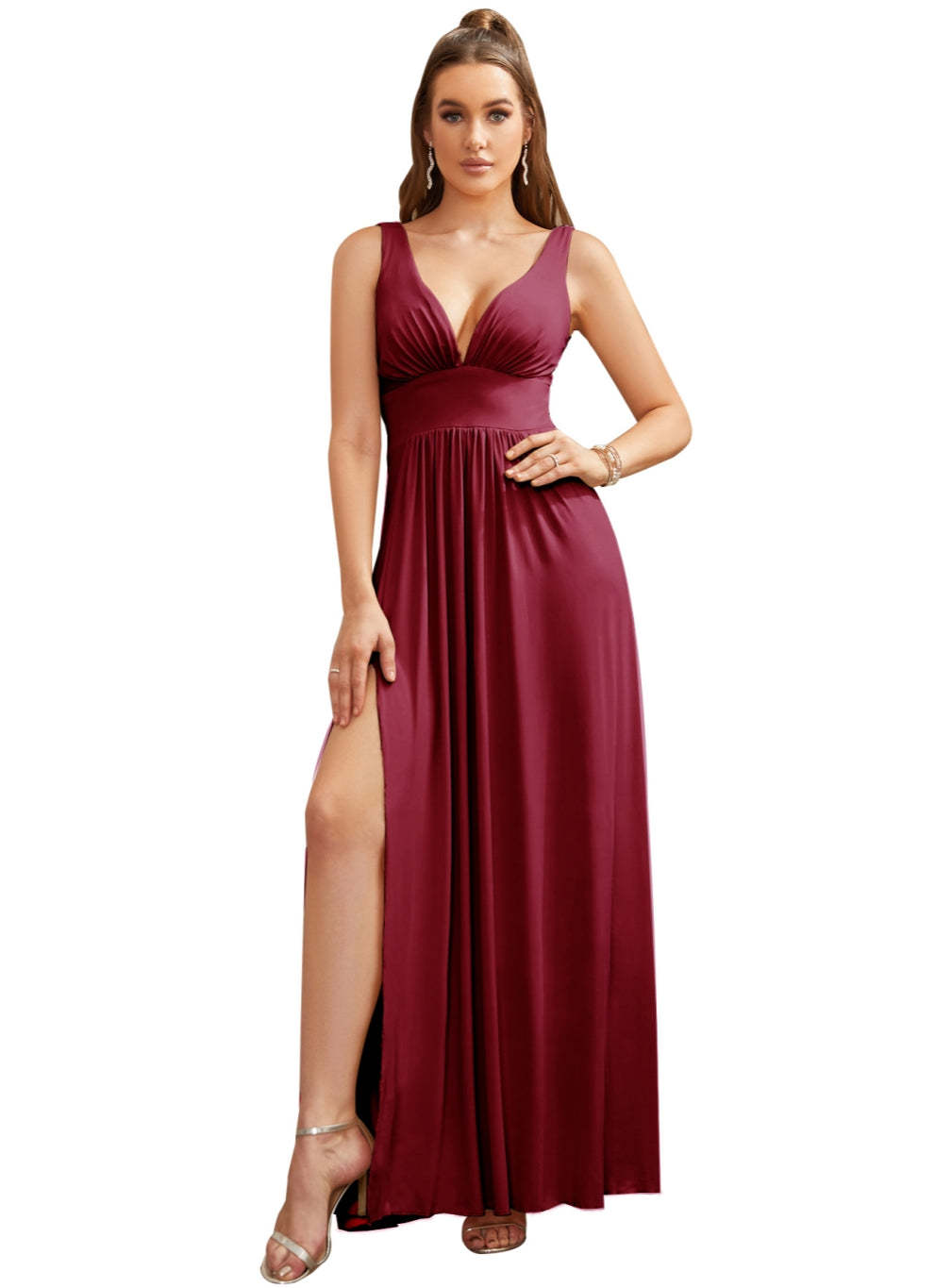 Sexy V-Neck Sleeveless Floor Length Dress with Slit-BMbridal