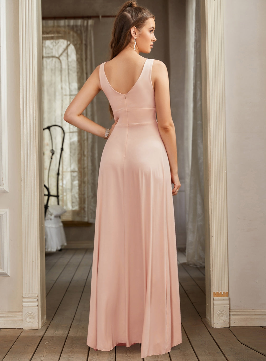 Sexy V-Neck Sleeveless Floor Length Dress with Slit-BMbridal