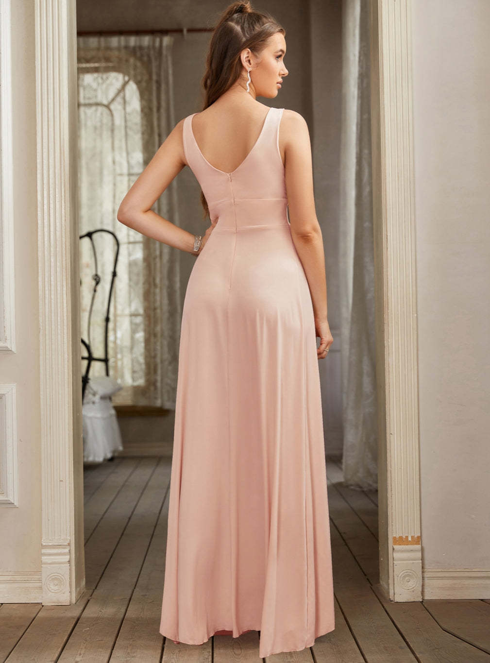 Sexy V-Neck Sleeveless Floor Length Dress with Slit-BMbridal