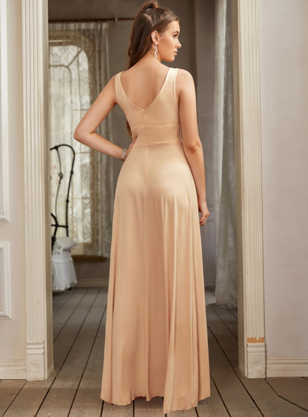 Sexy V-Neck Sleeveless Floor Length Dress with Slit-BMbridal