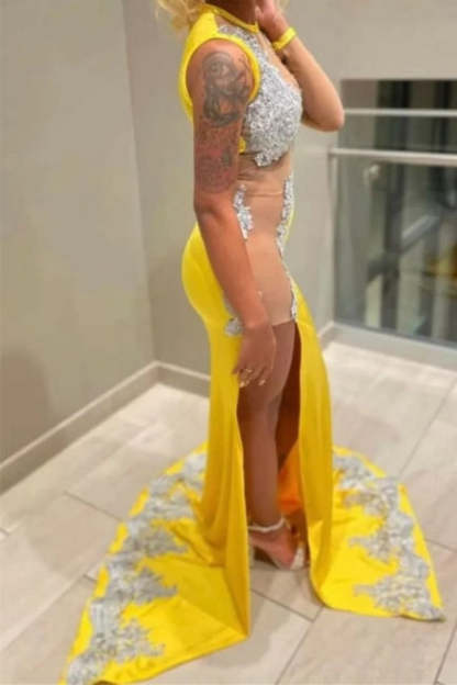 Sexy Yellow Jewel Floor Length Lace Sleeveless Mermaid Prom Dress With Slit-BMbridal.com