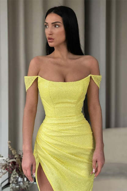 Sexy Yellow Off-the-shoulder Long Prom Dress With Slit-BMbridal.com