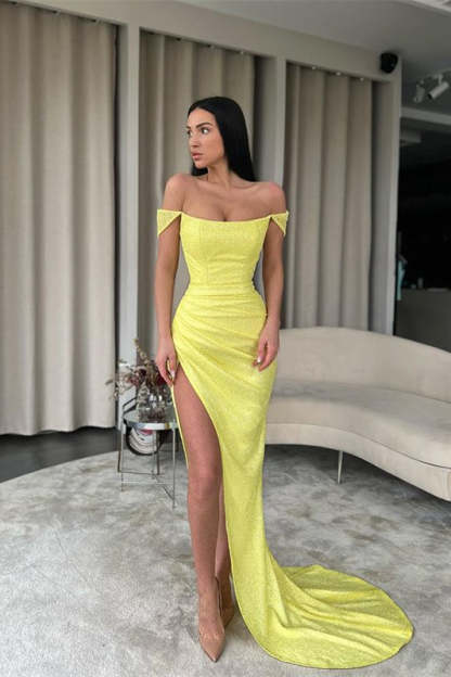 Sexy Yellow Off-the-shoulder Long Prom Dress With Slit-BMbridal.com