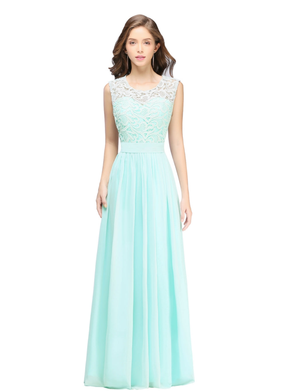 Sheath Crew Sleeveless Lace Top Chiffon Floor Length Dresses-BMbridal