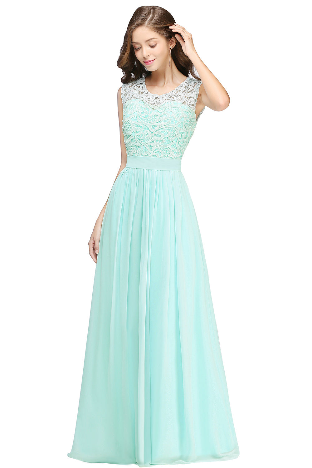 Sheath Crew Sleeveless Lace Top Chiffon Floor Length Dresses-BMbridal