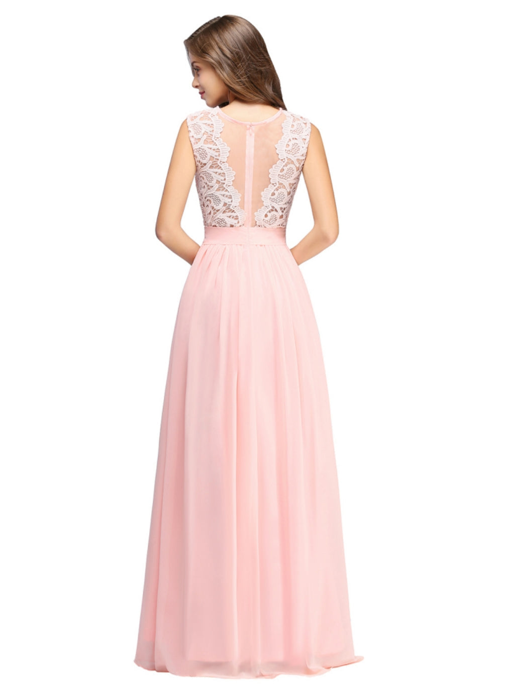 Sheath Crew Sleeveless Lace Top Chiffon Floor Length Dresses-BMbridal