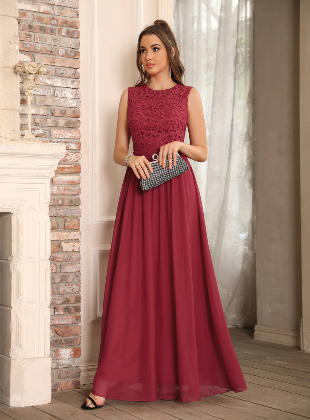 Sheath Crew Sleeveless Lace Top Chiffon Floor Length Dresses-BMbridal