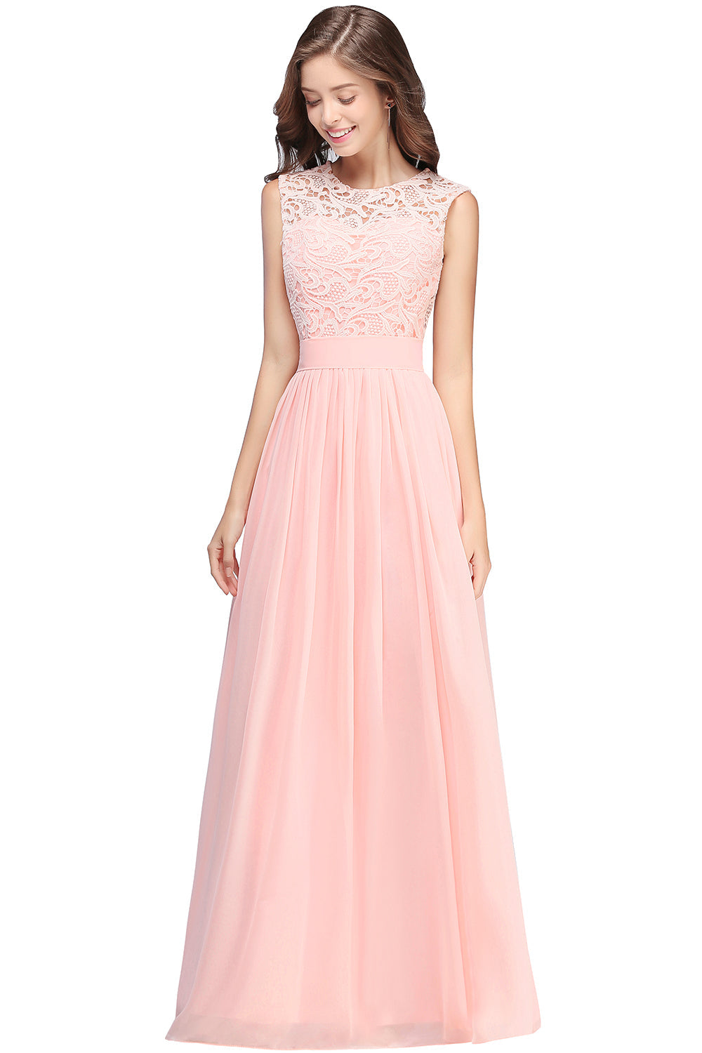 Sheath Crew Sleeveless Lace Top Chiffon Floor Length Dresses-BMbridal