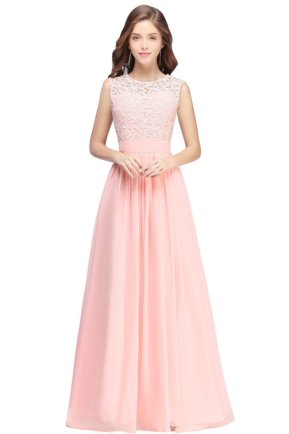 Sheath Crew Sleeveless Lace Top Chiffon Floor Length Dresses-BMbridal