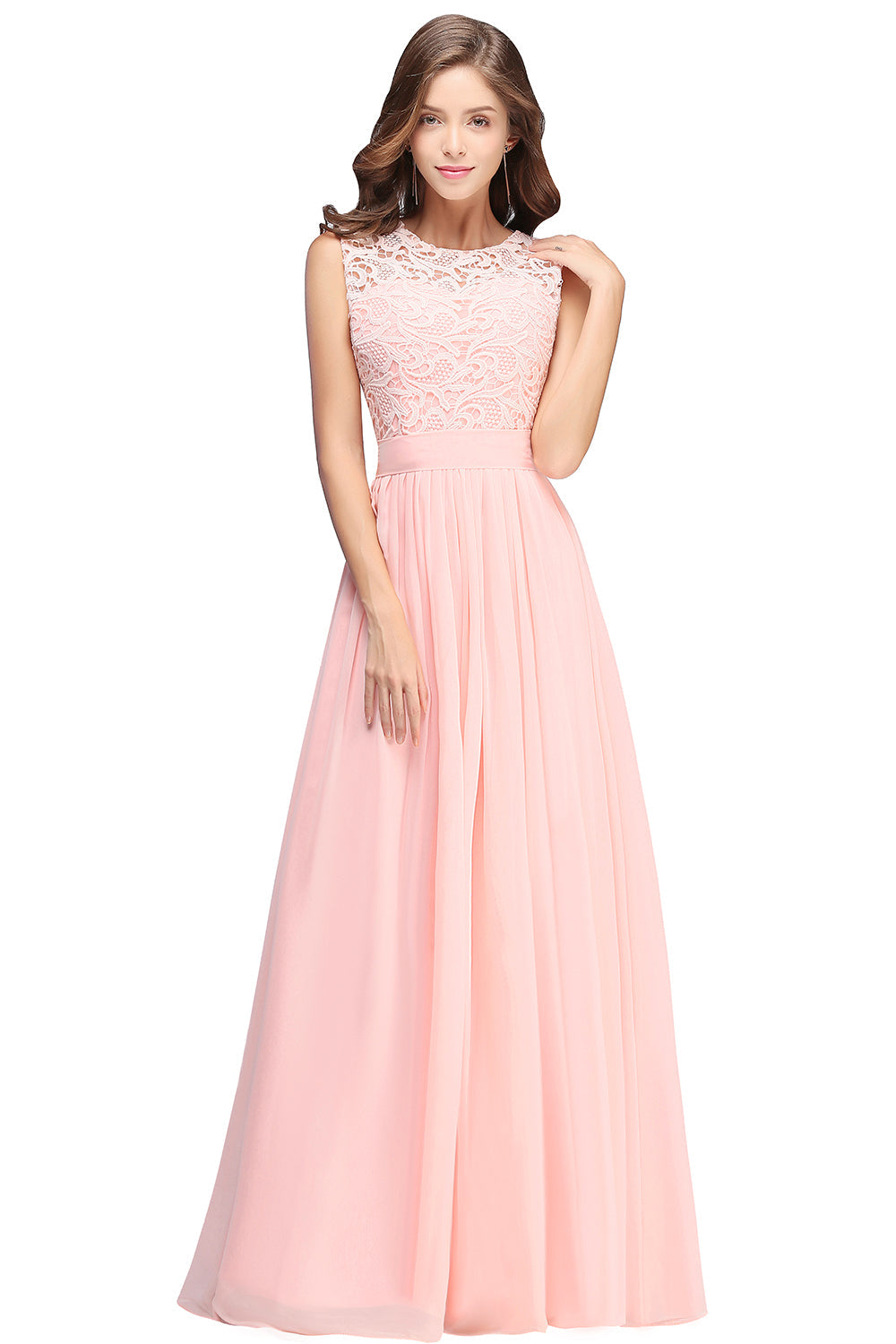 Sheath Crew Sleeveless Lace Top Chiffon Floor Length Dresses-BMbridal