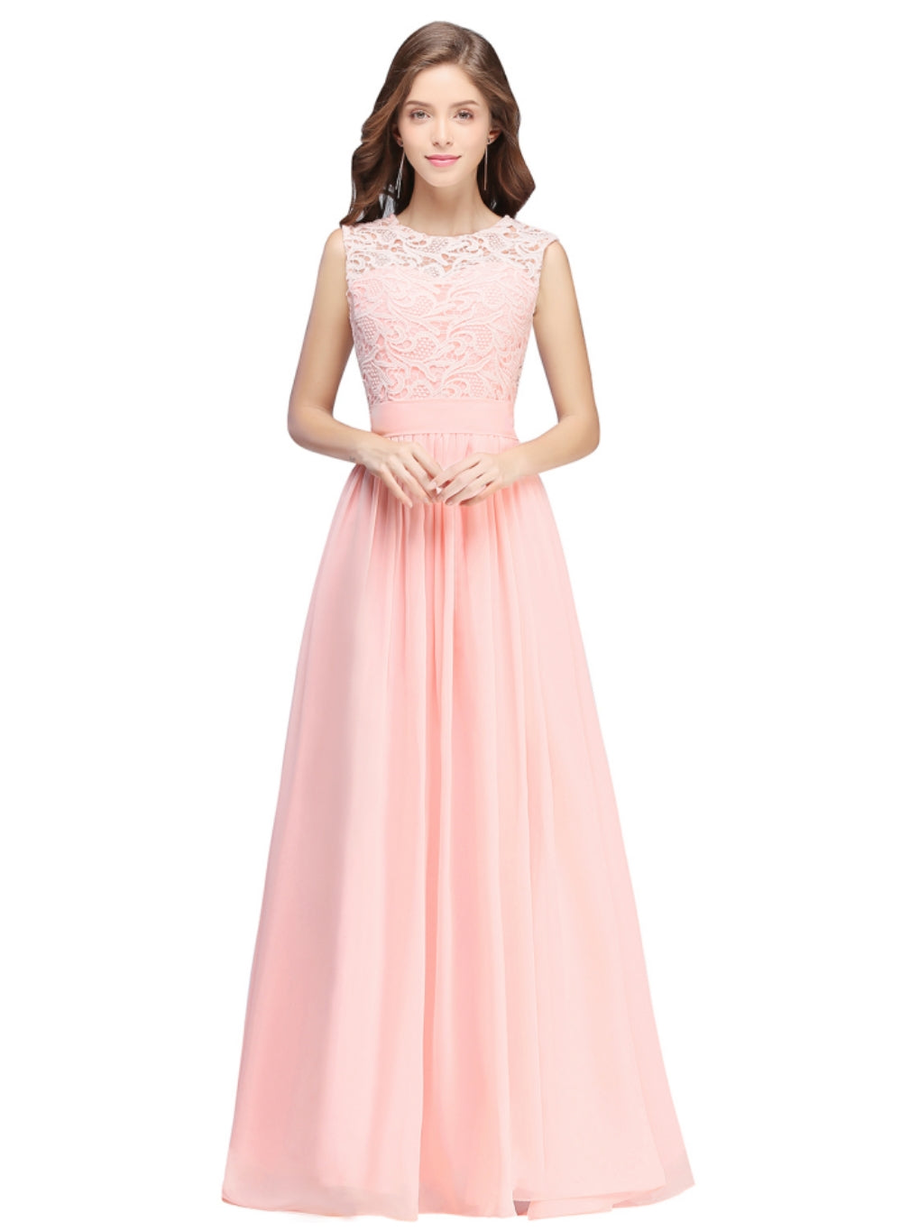 Sheath Crew Sleeveless Lace Top Chiffon Floor Length Dresses-BMbridal
